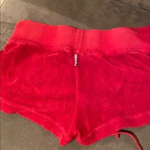 Red and acidwash blue hard tail terry cloth shorts
